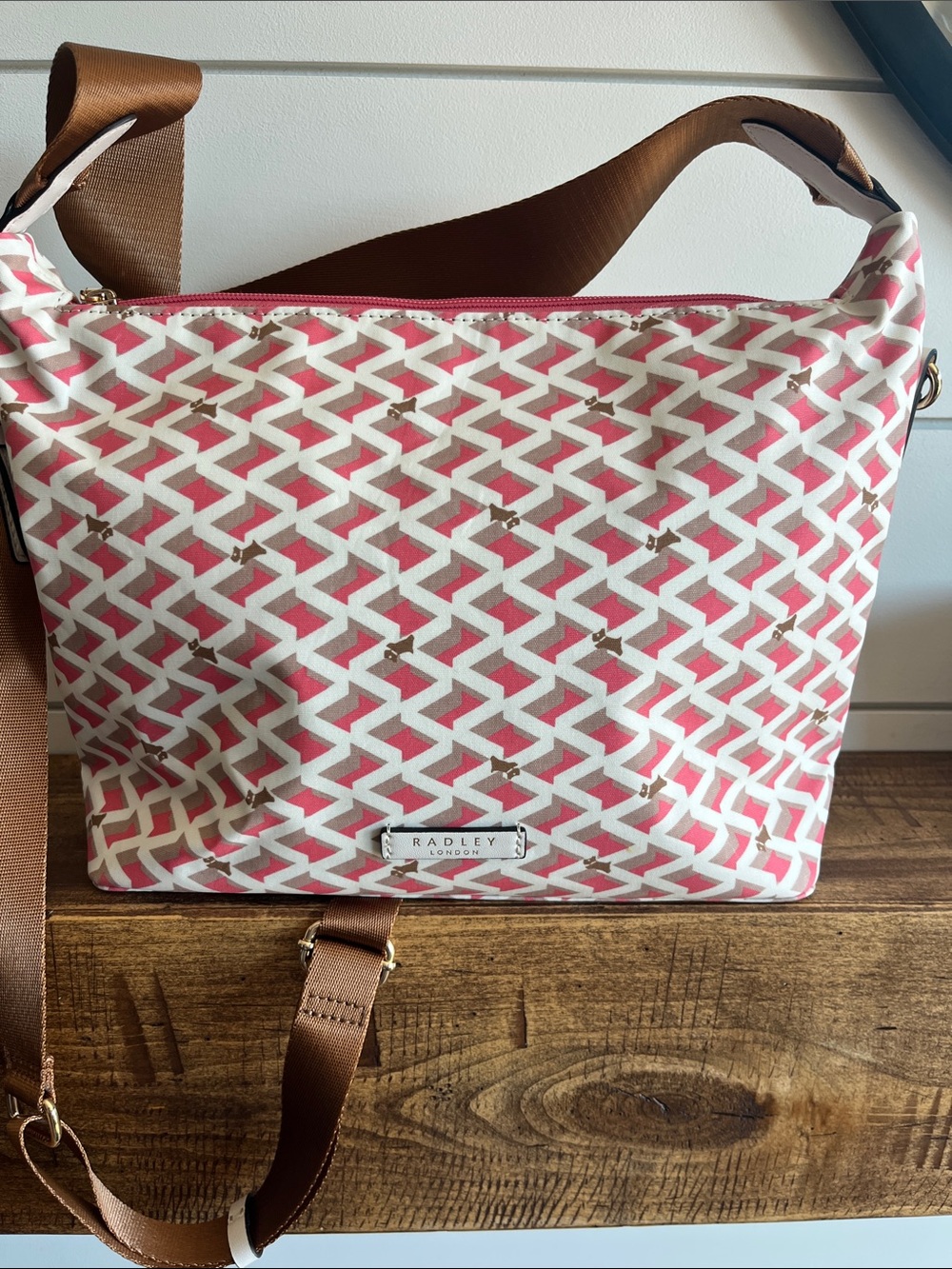 Radley London Pink Canvas Crossbody Bag with Tan Strap
